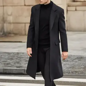 Men's Casual Trench Coat Slim Fit Notched Collar Long Jacket Overcoat Single Breasted Pea Coat wih Pockets
