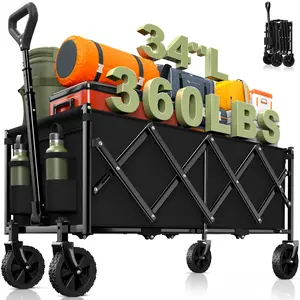Heavy-Duty Collapsible Folding Trolley - 34-in Extra Long Wagon Cart Foldable with 360LBS Capacity, 360-Degree Wheels, Portable for Grocery, Camping (Black), Collapsible Folding Trollies