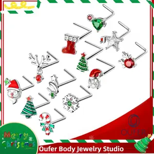 Oufer  Christmas3PCS 20G Christmas L-shaped Nose Piercing Ring Set with Santa Boots Tree Cubic Zirconia for Festive Holiday Wear