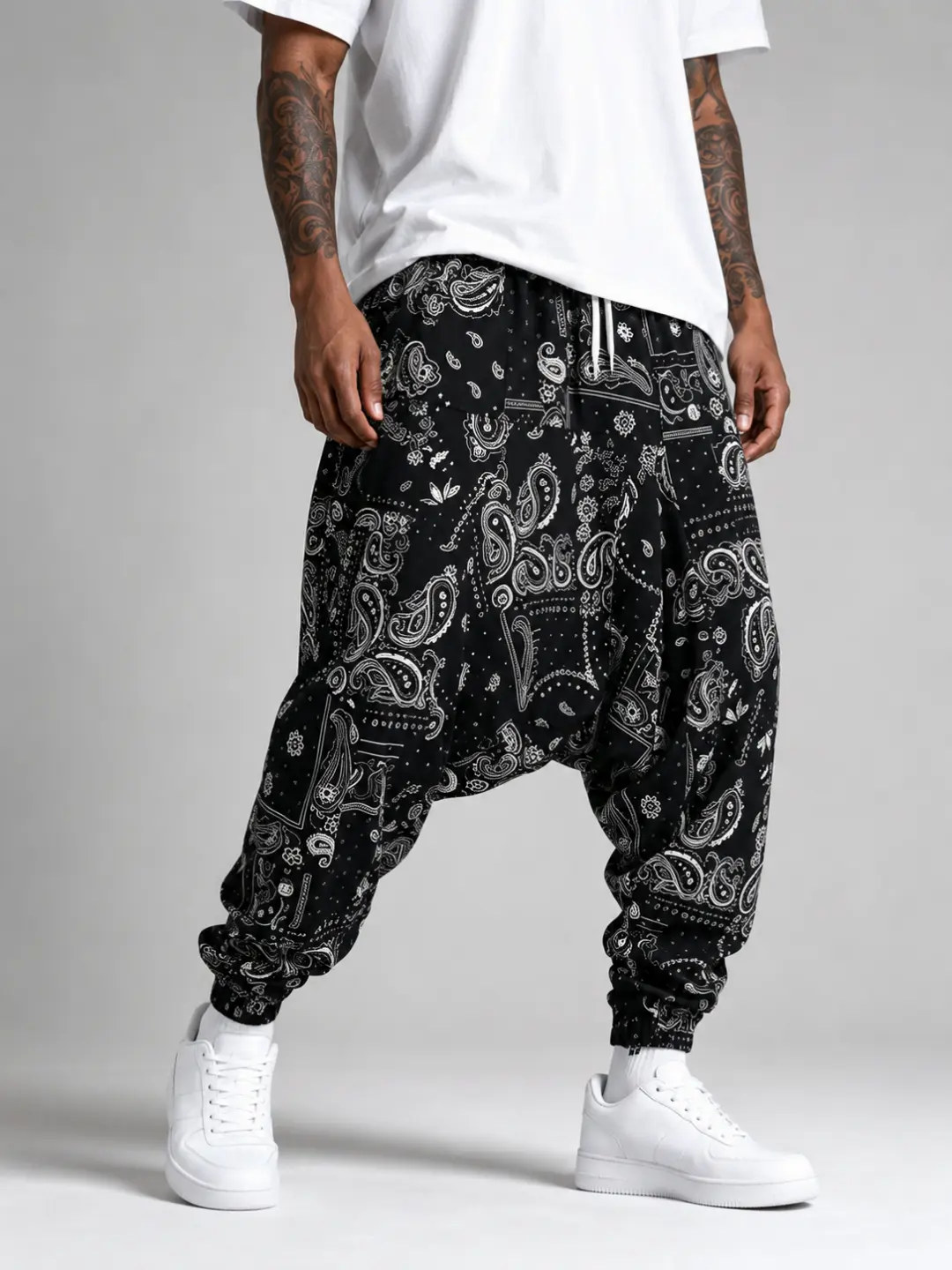 Men's Paisley Harem Joggers | Oversized Drop Crotch Streetwear Pants for Festival & Rave | Black Bandana Print Relaxed Fit Hip Hop Trousers