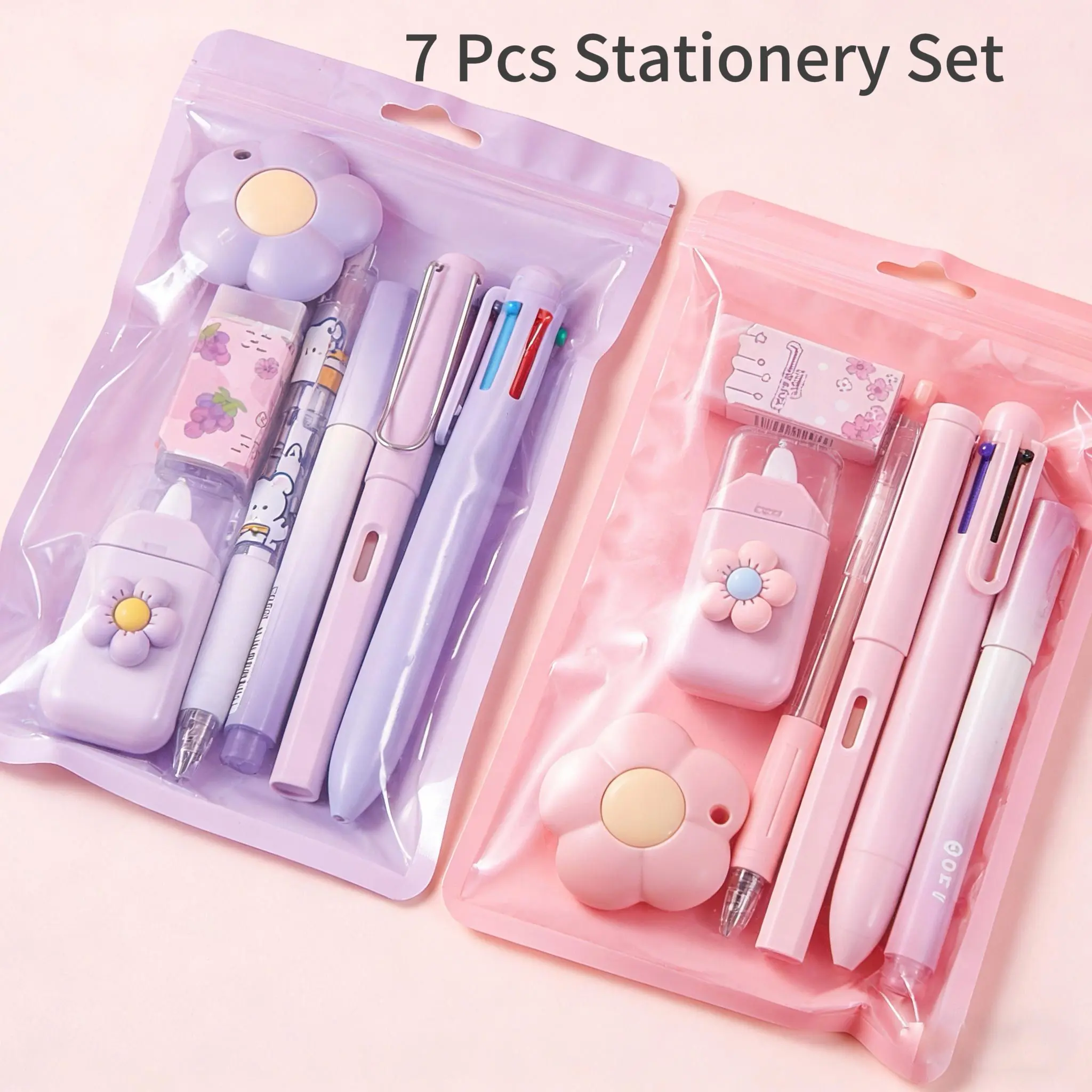 7 Pcs Kawaii Cute Stationery Set for Women, Back to School & Office Supplies, Includes Gel Pens, 6-in-1 Ballpoint Pen, Pencil, Eraser, Correction Tape