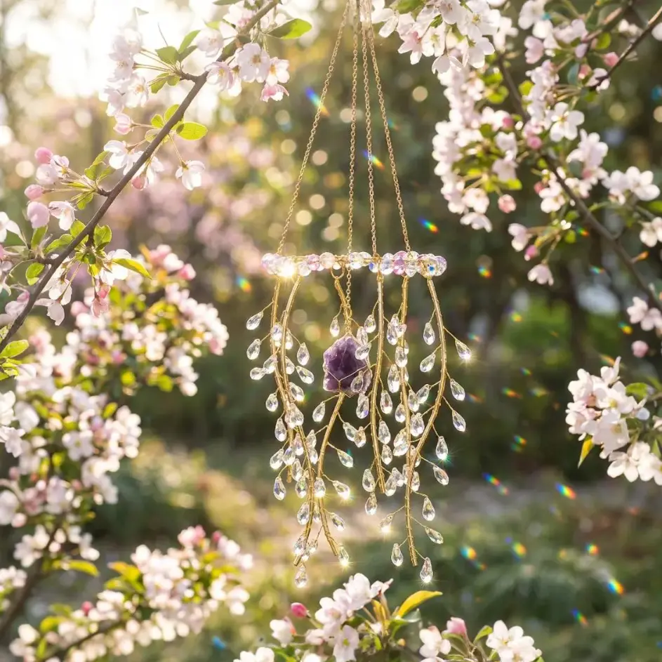 Boho Aesthetic Crystal Suncatcher Wind Chime with Detachable Parts - Raw Gemstone Chandelier, Willow Branch Hanging Prism Rainbow Maker, Spiritual Amethyst Quartz Witchy Room Decor for Outdoor Balconies, Mother’s Day Valentine’s Day Gift, Boho Willows, Su