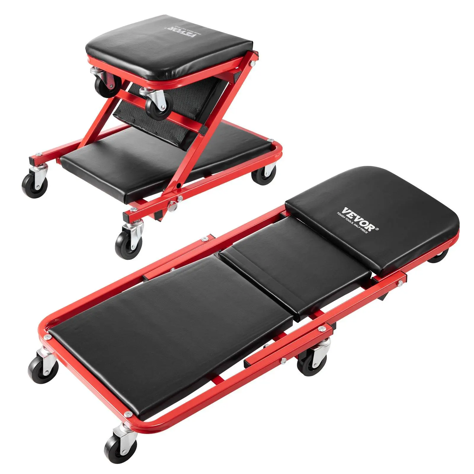 【Summerfinds】VEVOR Foldable Z Garage Creeper,  36 in, 300 lbs Load Capacity Rolling Folding Mechanic Creeper Stool, with 6 Wheels Tool Tray Padded Seat Steel Frame, Lay Down or Sit Chair for Garage Shop or Home