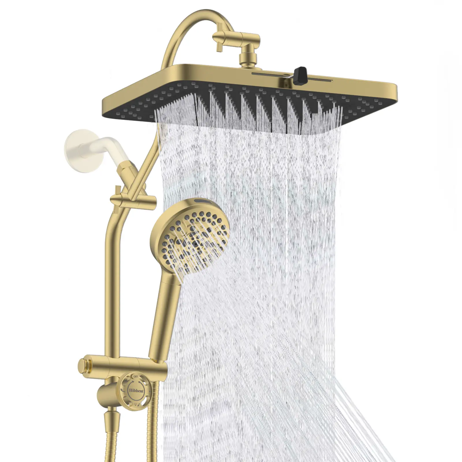 Hibbent cUPC Certified 13-in Shower Head Combination, High-Pressure Multi-Function Fixed Showerheads, 5-Spray Rainfall, 10-Spray Handheld with Pause Mode, All-Metal 4-Way Diverter Arm, 71-in Hose, Holder, Brushed Gold Finish