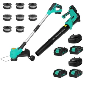 Lawn mower+leaf blower set, 20V wireless electric lawn trimmer, cordless lawnmower with 2 x 2.0Ah batteries, 12 inch battery powered lawn mower and lawn mower, lightweight electric lawnmower with adjustable handle (Blue-4 battery)