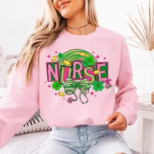 Nurse St Patrick Day Bow Sweatshirt, Retro Shamrock Crewneck Lucky Nurse Shirt, Shamrock Stethoscope Bow Tee, Trendy St Patrick's Day Nurse Shirt