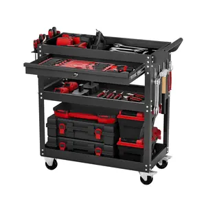 【FathersDayGift】 VEVOR Heavy Duty 4-Tier Lockable Tool Cart with Wheels, 350 lbs Load Capacity, Rolling Work Cart with Drawer & Pegboard, Tools for Mechanics Storage Organizer for Garage & Warehouse, Black
