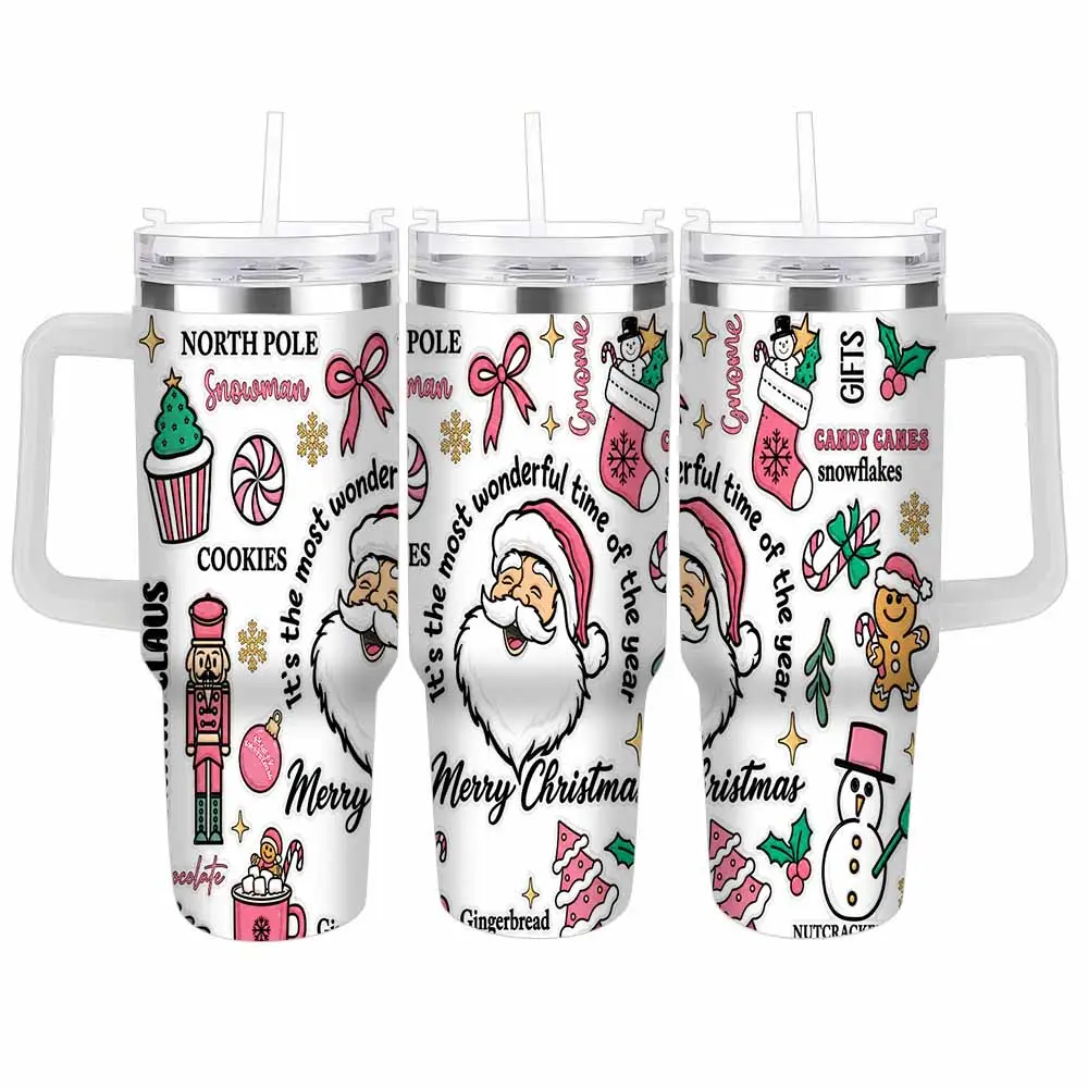 North Pole Christmas Car Tumbler (40oz/30oz) Santa Snowman Gingerbread Candy Cane Snowflake Print Insulated Leakproof Handle Cup for Holiday Parties Office Travel Home Gifts