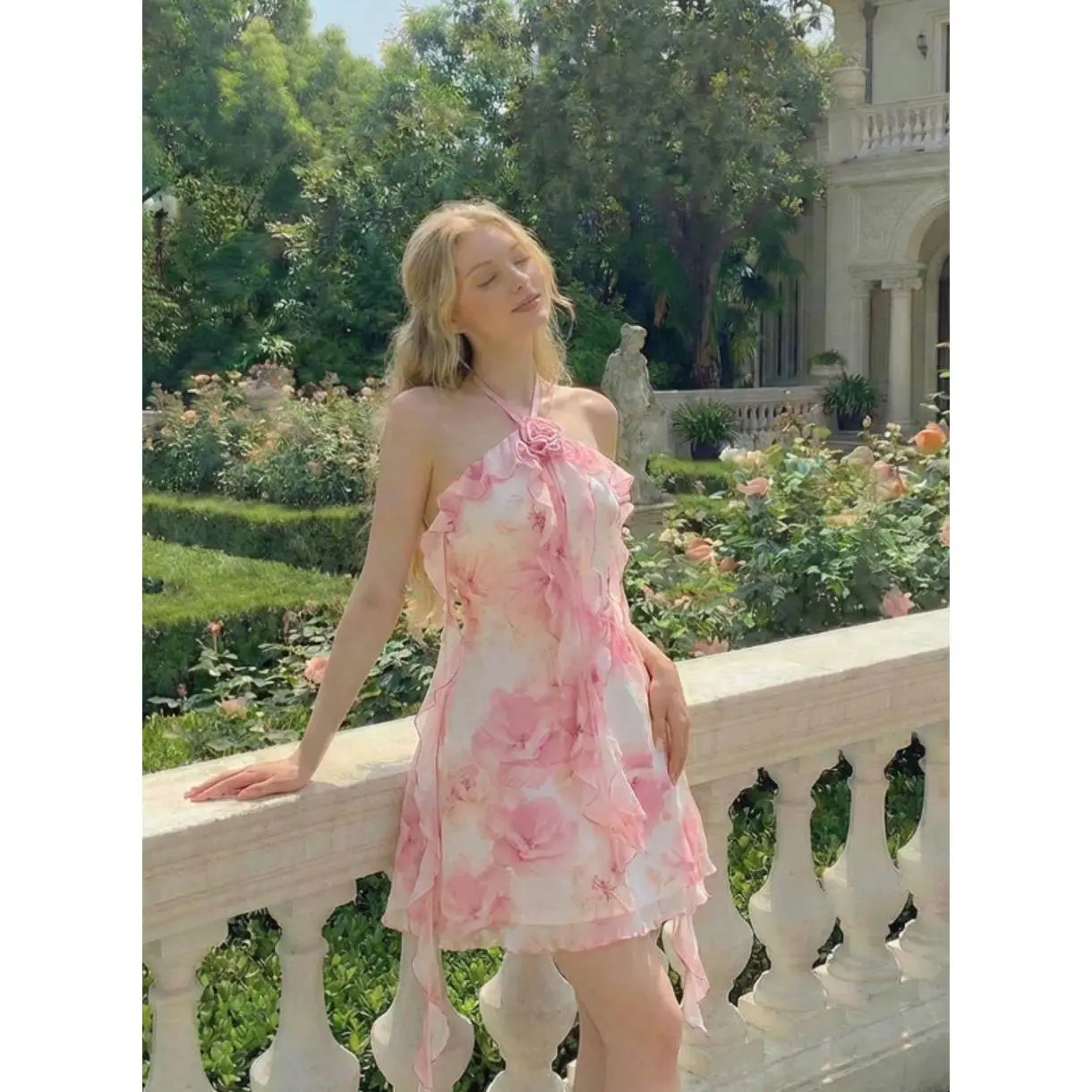 Women's Floral Print Halter Mini Dress, White Pink Ruffle Trim Sleeveless Dress, Fairycore Cottagecore Summer Dress for Tea Party, Vacation, Holiday, Beach Outfit