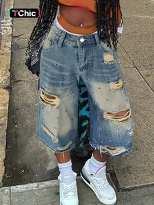 Vintage Light Wash Rhinestone Distressed Denim Capris, High Rise Oversized Baggy 3/4 Jeans, Trendy 90s Hip Hop Streetwear Edgy Bottoms Pants Women