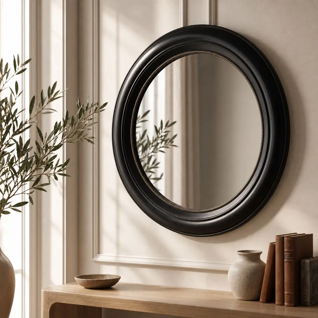 20.5-Inch Round Black Polyresin Wall Mirror, Decorative Beaded Frame, Vintage Style for Bathroom Vanity, Entryway, Living Room, Bedroom, Hallway, Makeup, Dressing, Wall-Mounted, Home Office Decor, 20.5x1.4x20.5 Inches, Black Color Options