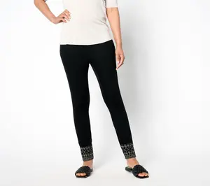 Denim & Co. Petite Black Easy Stretch Embellished Hem Slim Ankle Jean