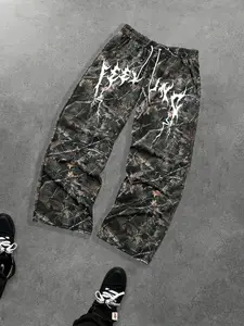 Men's Casual Camo Long Pants, Lightning Thorn Pattern Print, Fashion Drawstring Wide Leg Pants, All Season Loose Fit Men's Clothing, Camouflage Lightweight Pants
