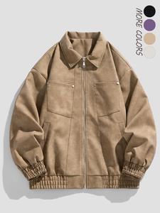 men's solid color zipper elastic hem pu leather bomber jacket, loose casual fashion drop shoulder long sleeve collared outerwear for daily wear, zipper jacket, men's clothing, jackets for men