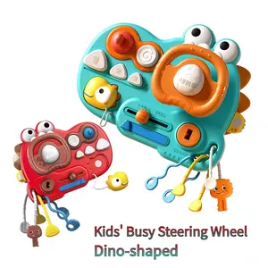 Multifunctional Steering Wheel Fidget Toy，Dinosaur-Shaped Pop & Pull Fidget Toy，Montessori Busy Board for Kids，Montessori Multifunctional Pretend Passenger Seat Toy