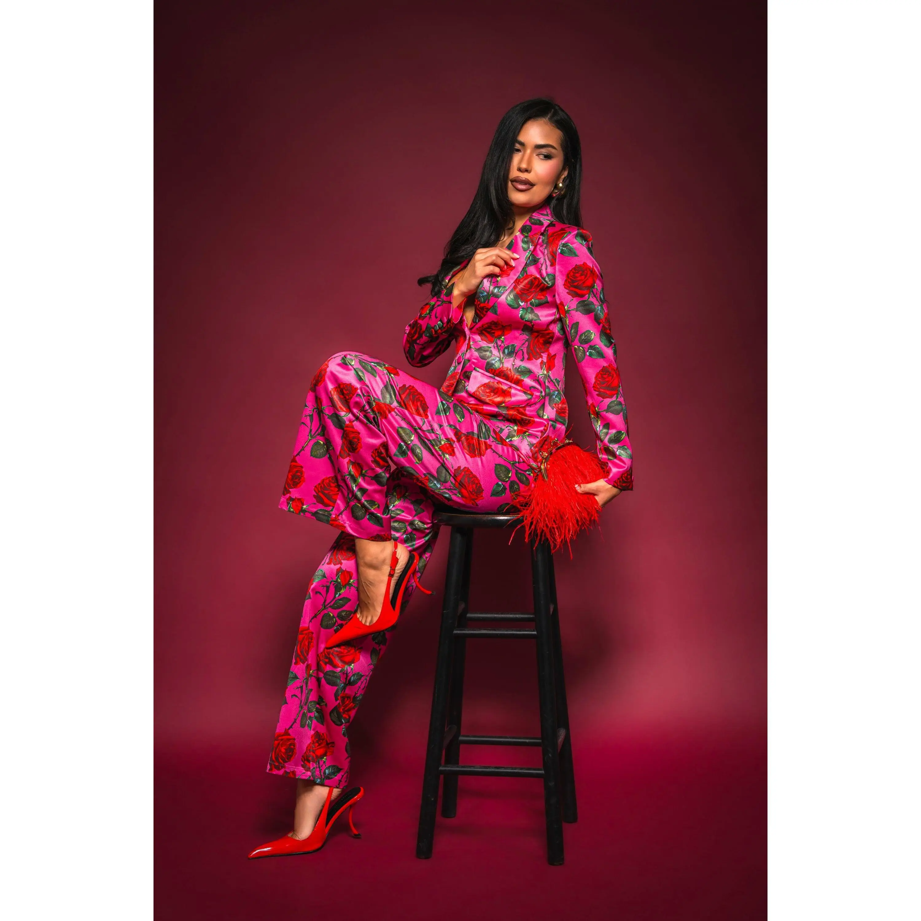 DOZEN ROSES SATIN BLAZER IN FUCHSIA