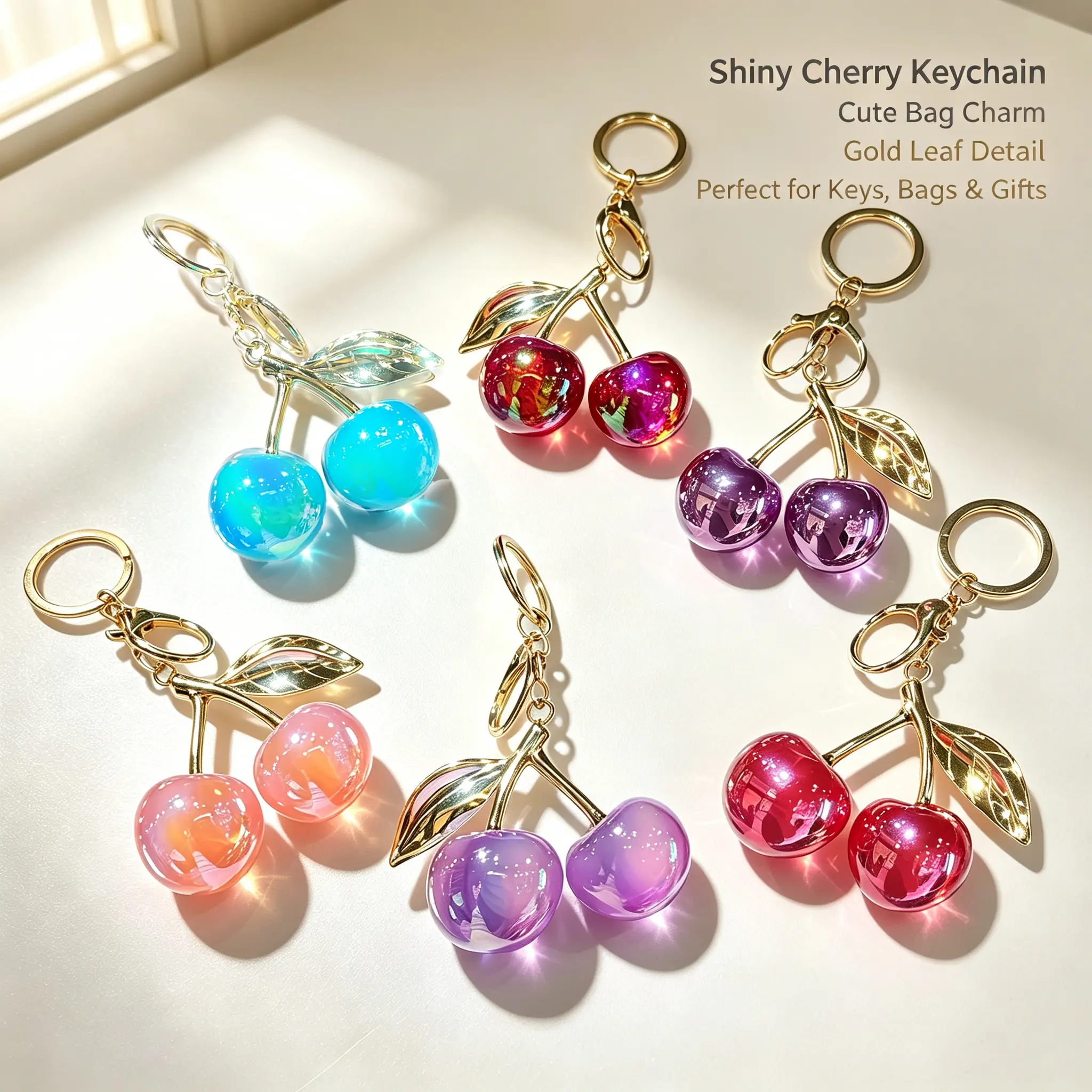 Shiny Iridescent Cherry Keychain, Gold Metal Leaf Cute Bag Charm, Aesthetic Holographic Cherry Pendant Key Ring, Trendy Y2K Handbag Accessories, Perfect Gift for Girls Women Bags Keys