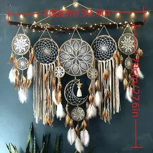 5pcs Large Size Dream Catcher, Handmade Moon Dream Chaser,Beautiful Dream Chaser Wall Decoration Dream Chaser Boho Wall Decoration Moon And Sun Sweet Dream Bed Decoration (camel Color, Not Included, Lamp, Stick),Best for Christmas,Perfect for Thanksgiving