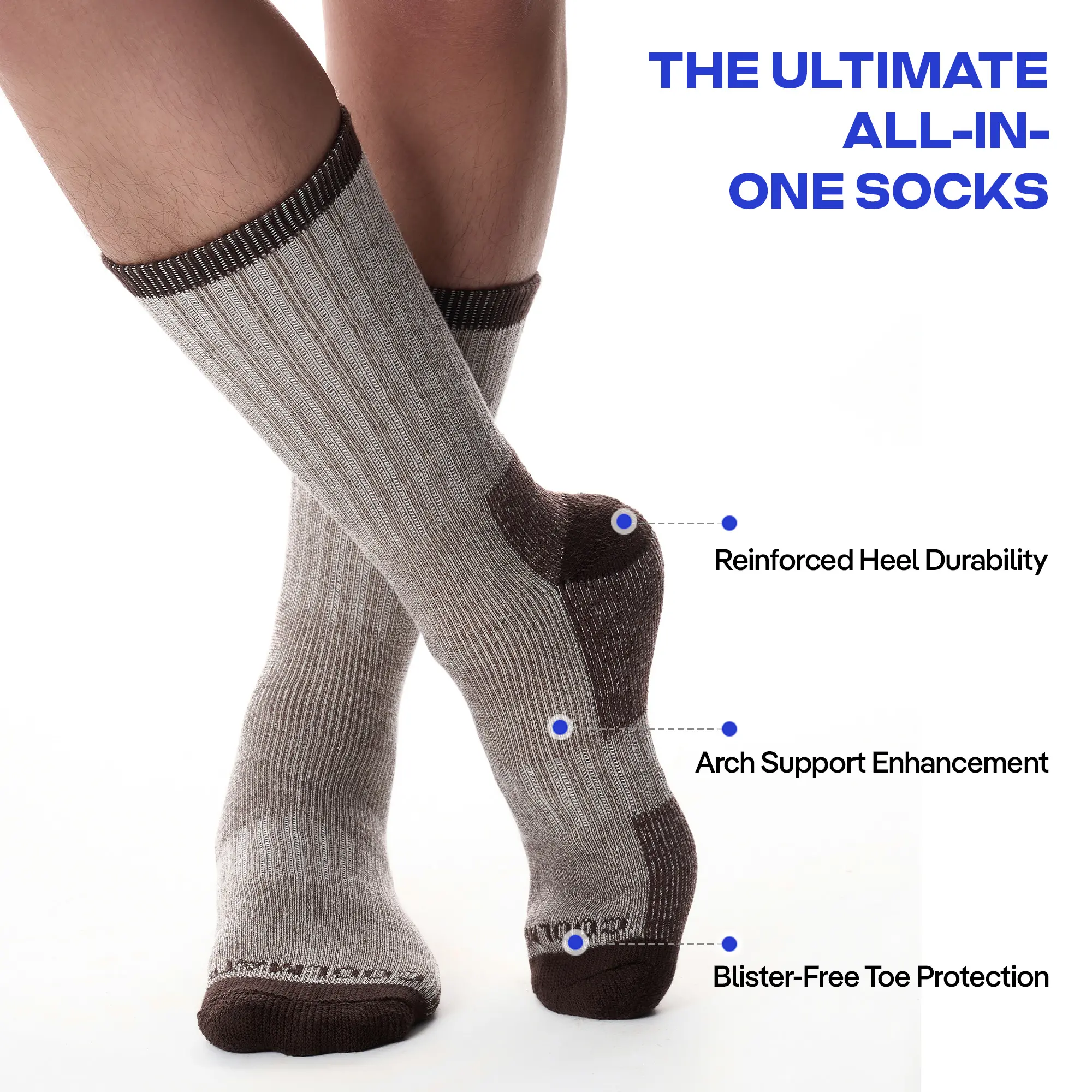 3 Pairs Brown CoolMate Merino Wool Hiking Socks for Men, Super Thick Warm Winter Thermal Crew Socks with Arch Support & Blister-Free