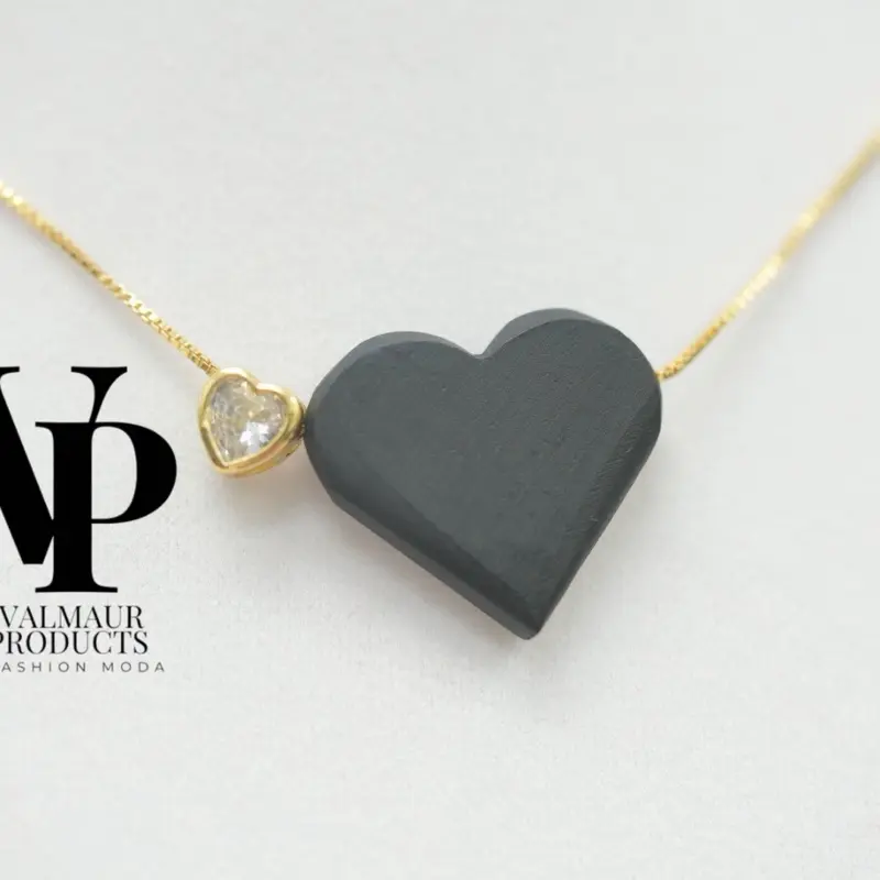 Valmaur Products Elegant azabache Heart Necklace with Gold Chain and CZ Accent for Women Fashion Moda