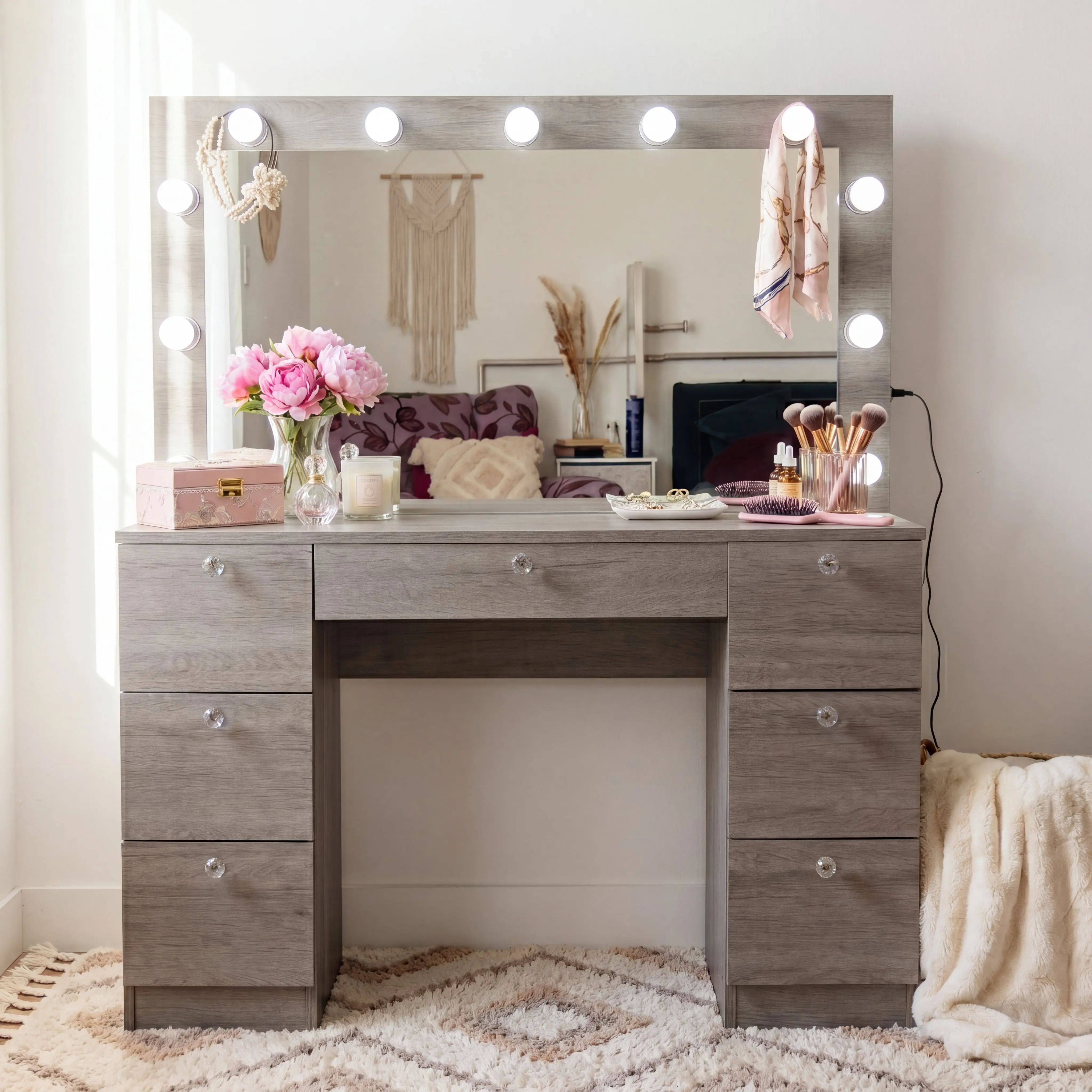 Bohemian Luxe Vanity with Built-in Lights Seven Drawers Crystal Knobs 110V Outlet Durable Design