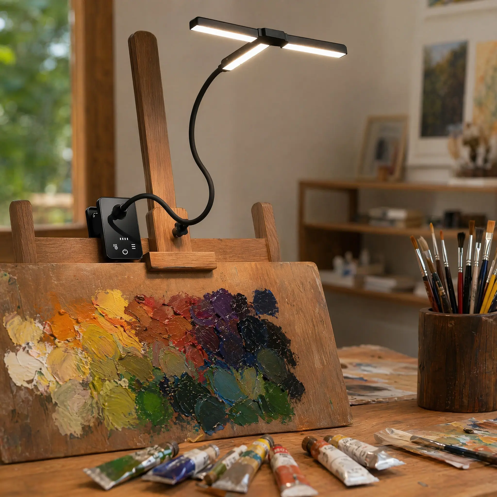 3 Head Foldable Clip On LED Easel Lamp for Artists, 4 Color Modes and 12 Level Dimmable, 300lm Eye Care Light with Flexible Arm, USB Powered for Painting, Drawing and Art Creation