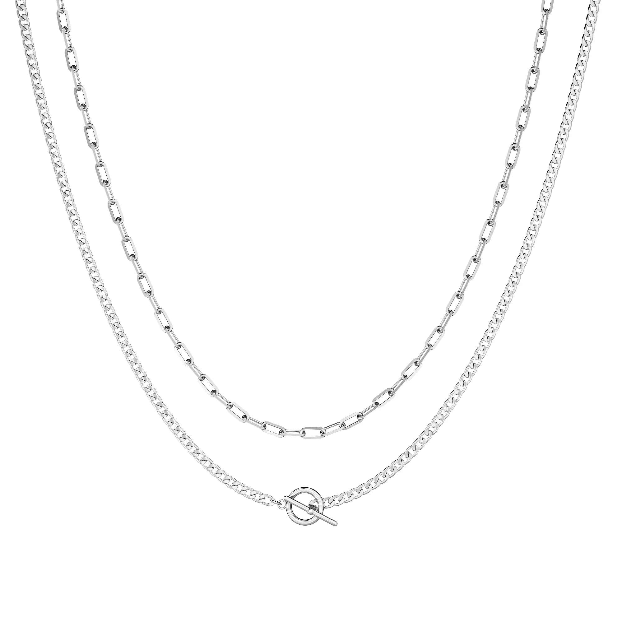 Tewiky Silver Layered Chain Necklace for Man Double Layer Silver Necklace Silver Toggle Chain Aesthetic Jewelry SummerVibes