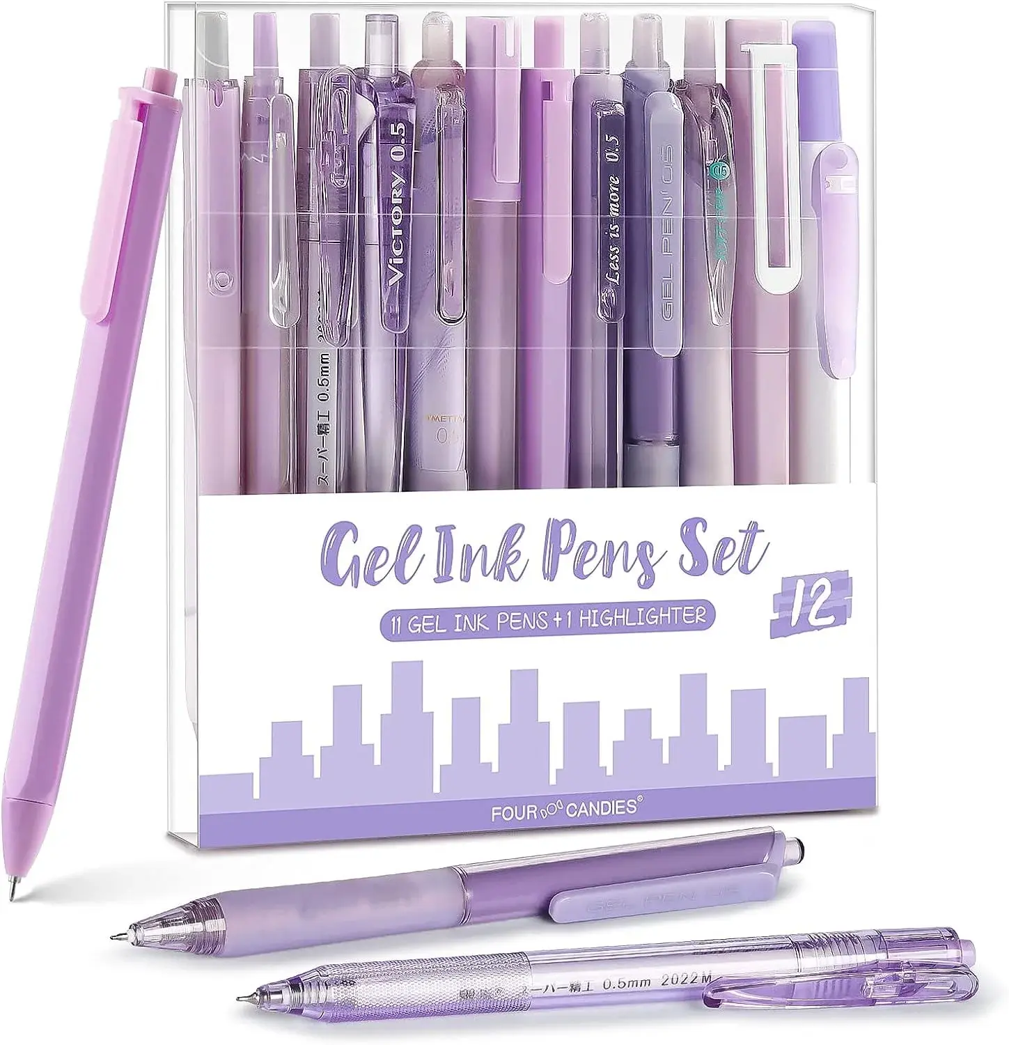 Four Candies Retractable Purple Pen Set, 11Pcs Black Ink Gel Pens(0.5Mm), 1Pcs Purple Highlighter, 0.5Mm Fine Point for Journaling, Writing and Note-Taking Four Candies