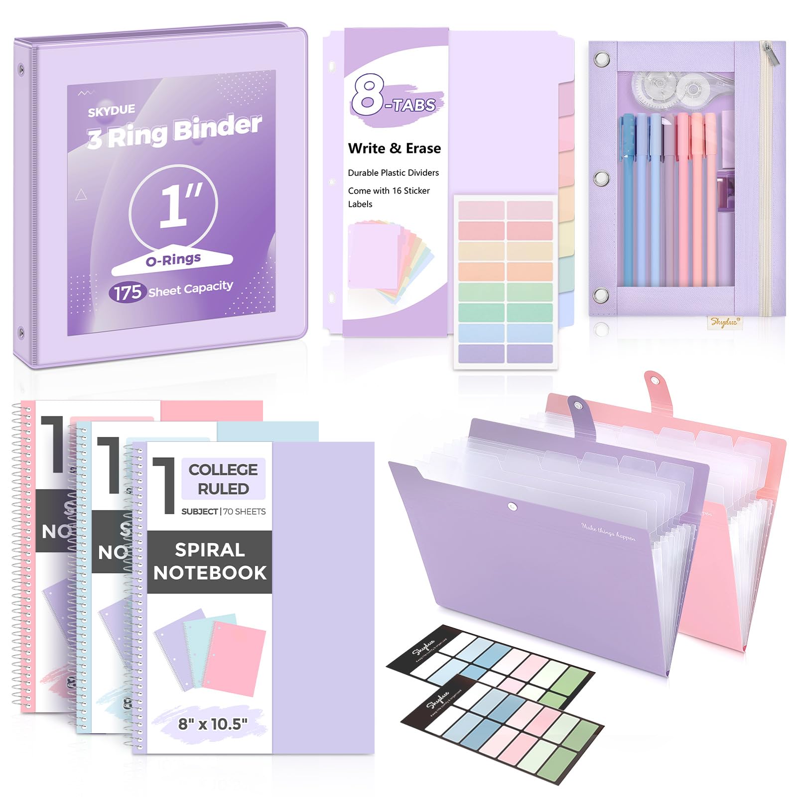 SKYDUE Aesthetic School Supplies Bundle - 1" Binder, 2 File Folders, 3 Notebooks, 8 Dividers, Pencil Pouch - Classroom Supplies, Office Study Materials for Back to School Essentials,back to school haul,college school supplies,back to school shopping