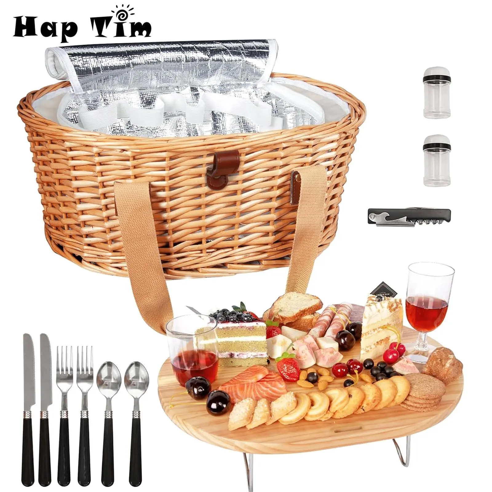 Hap Tim Wicker Picnic Basket for 2/4 Persons with Foldable Wine Table and Cutlery Service Kits, Insulated Woven Beach Cooler Bag, Couples Gifts, Wedding Gifts, Mr & Mrs Gifts, Bridal Shower Gifts, Registry Wedding Registry#Summervibes