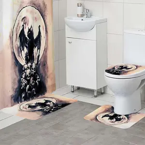 1/4pc skull bat pattern bathroom set, The 4-piece set includes a single shower curtain, anti slip floor mat, toilet U-shaped mat, toilet lid mat, with shower curtain hook, and belongs to bathroom decoration products