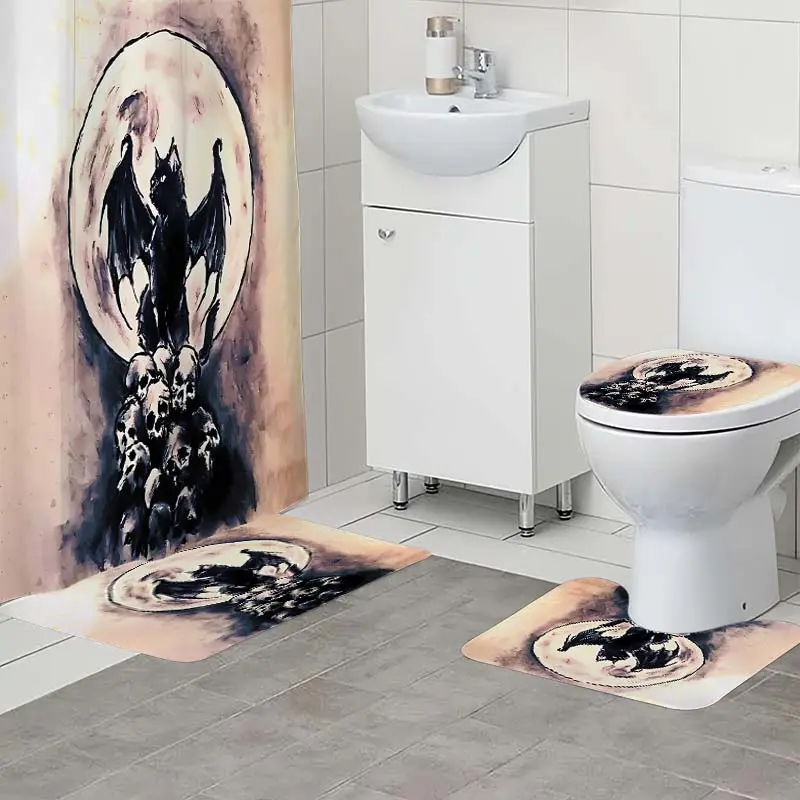4pc skull bat pattern bathroom set, The 4-piece set includes a single shower curtain, anti slip floor mat, toilet U-shaped mat, toilet lid mat, with shower curtain hook, and belongs to bathroom decoration products