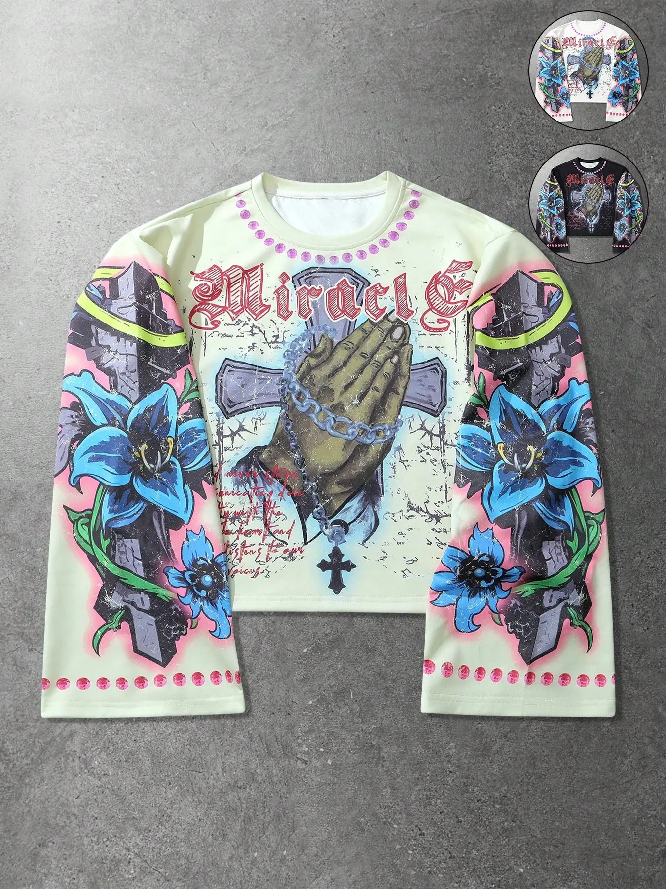Unisex Oversized Baggy Long Sleeve Crewneck Artwork Tee Top, Casual Retro Graphic Design Featuring Sacred Hands & Floral Pattern, For Trendy Youth And Street Style Outfits, Streetwear, Street Fashion Graphic