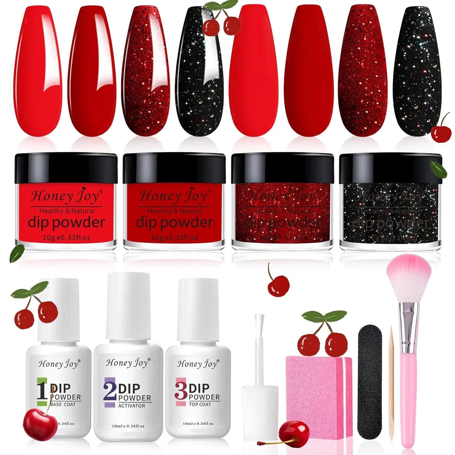Honey Joy Red & Black Dip Powder Manicure Kit, （No Lamp Needed ）Cosmetic Starter Set for Salon-Quality Results, Classy Glitter for Date Night & Evening Use