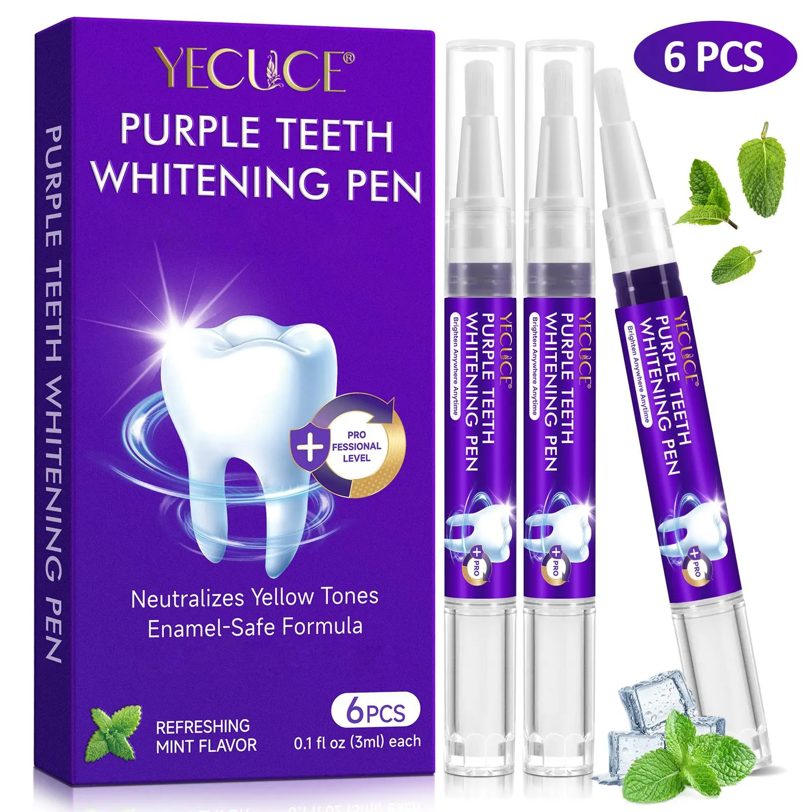 6-Pack Yecuce Mint Toothpicks, Stain Removal Low Sensitivity Formula, Teeth Whitening, Sensitive Teeth Safe, Teeth Stain Cleaner, Teeth Stain Remover, 3ML Per Stick, Teeth Whitener