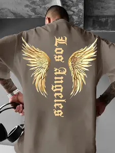 Men's Round Neck Casual Short Sleeve Long T-Shirt, Menswear Letter Print + Wings Design, Comfortable Loose Fit for Daily Wear & Outdoor Activities
