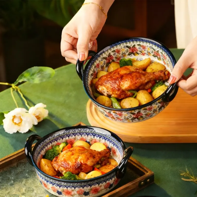 Vintage-Inspired Ceramic Casserole Dish with Floral Design, Perfect for Baking Lasagna & More, Includes Handles for Easy Oven Use, Casserole Bakeware Kitchenware, High Quality Bakeware, Baking Supplies