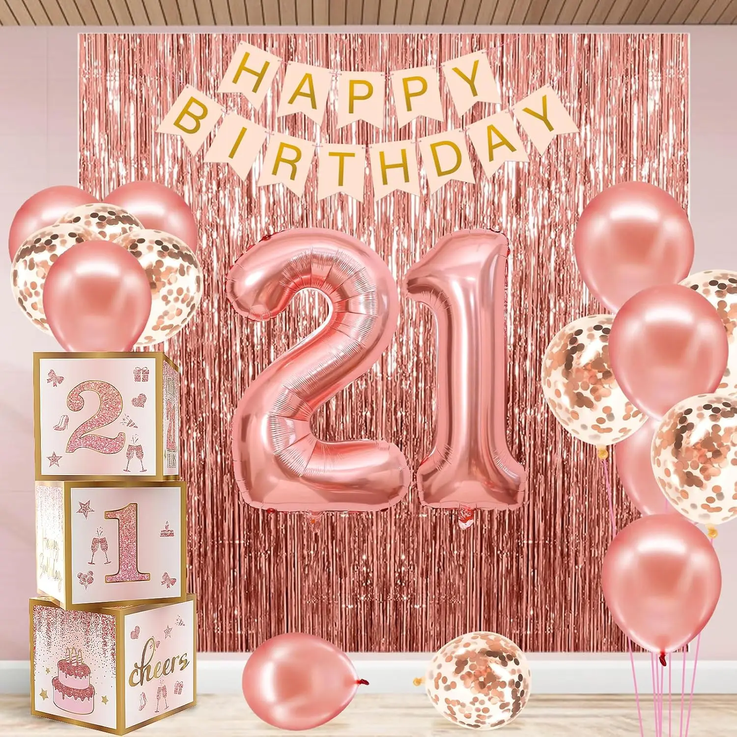 Rose Gold 21st Birthday Decoration Set for Her - Pink Rose Gold Foil Number Balloons, 24 Metallic Balloons, 21 Silicone Boxes, Happy Birthday Banner, 39.37 x 78.74 Inches Tassel Curtain Festive Party Supplies, Balloon Decor