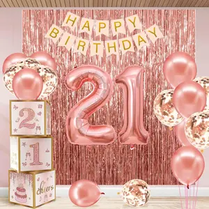 21st Birthday Decorations for Her,Happy 21st Birthday Decorations for Women Rose Gold 21 Boxes Decor for Girls Happy Birthday Banner Pink Rose Gold Foil Number Balloons Party Supplies Tassel Curtain