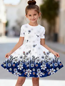 Summer Printed Short-Sleeve Dress for Girls: Floral Print, Short Sleeves, Round Neck, Relaxed Fit, Full Skirt, Retro, Cute, and Sweet Style
