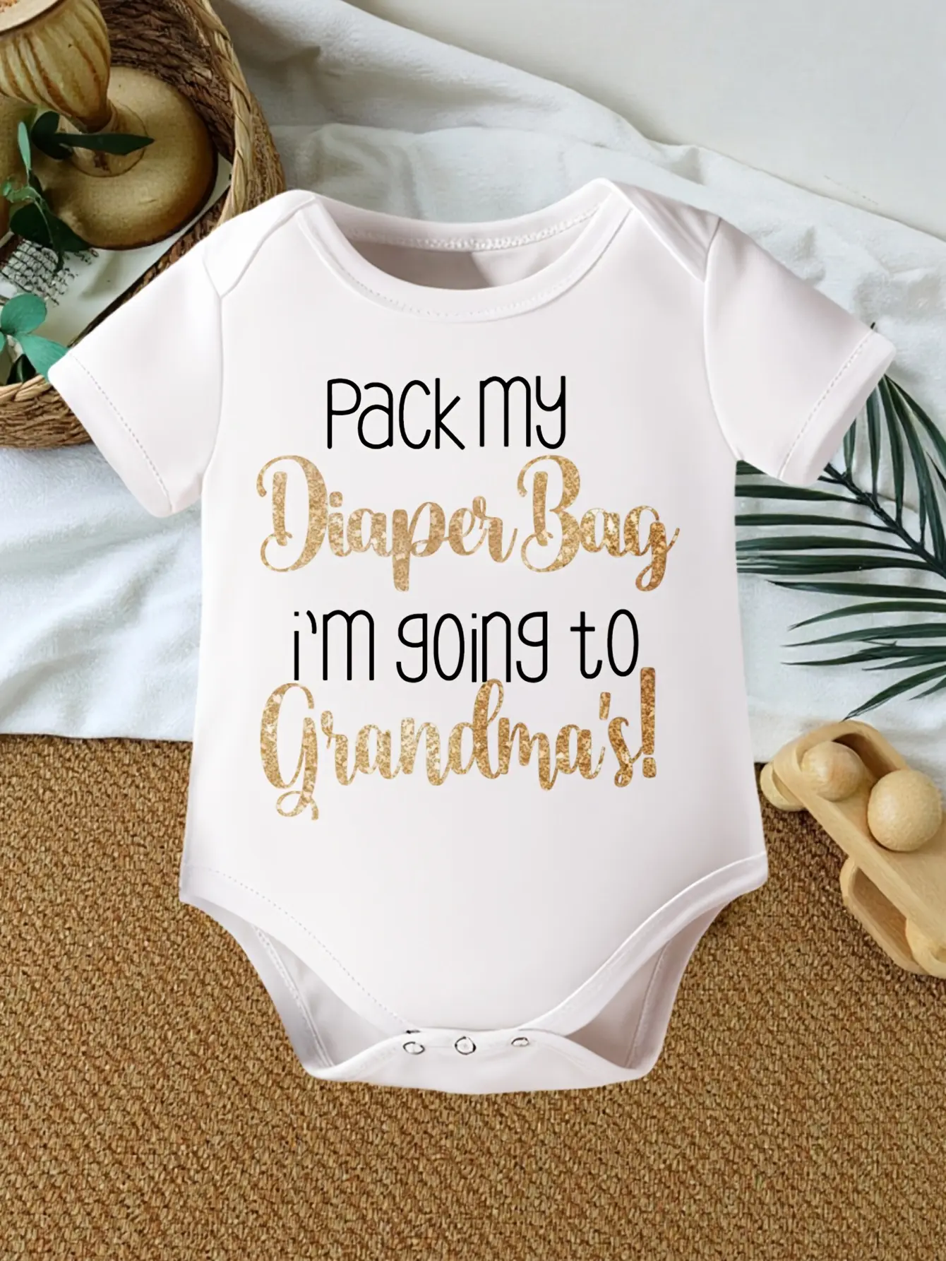 White Unisex Baby Short Sleeve Onesie, Pack My Diaper Bag I'm Going To Grandma's Gold Glitter Cursive Grandma Visit Cotton Bodysuit, Bodysuit Outfit, Newborn Outfits, Infant Bodysuit