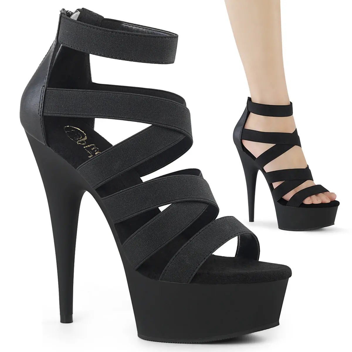 Pleaser Women's Delight-659 Black Vegan Leather Criss Cross Sandals - 6" Heeled Footwear with Platform Sole and Back Zip, Black Vegan Leather/Black