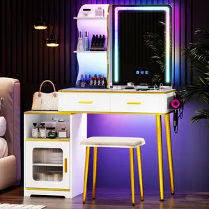 Miu Modern Makeup Vanity Set with Mirror and Lights, Large Storage Table with Drawers and Shelves, 3 in 1 Charging Station