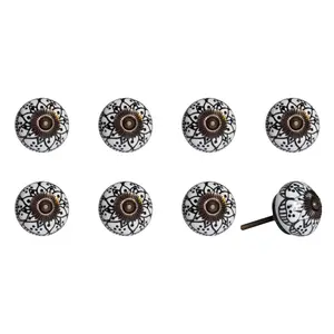Knob-it  Vintage Hand Painted Ceramic Knob Set - Black & White Floral - Pack of 8