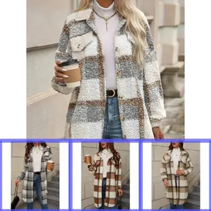 PlaidPatternButtonFrontFuzzyJacket,CasualThermalLongSleeveLengthCollarCoatForFall&Winter,Women'sClothingCanbepairedwithwomen'swindbreakersandraincoats