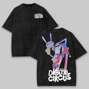 Women's Vintage Washed Pomni & Jax Graphic T-Shirt - The Amazing Digital Circus Retro Cartoon Streetwear, Oversized Cotton Short-Sleeve Top, Ideal Gift for Anime Fans Unisex Casual Apparel, Shortsleeve, Tshirt