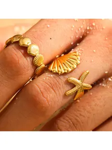 Ocean Element Stainless Steel Jewelry - Fresh Beach Style Shell Sea Star Open Adjustable Ring for Women