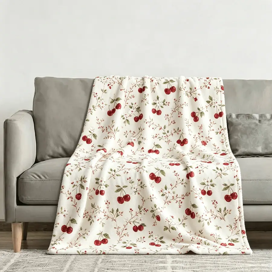 Vintage Watercolor Cherry Floral Flannel Throw Blanket, Aesthetic Cottagecore Coquette Room Decor Blanket, Cute Red Cherry Pattern Soft Blanket For Bedroom Sofa