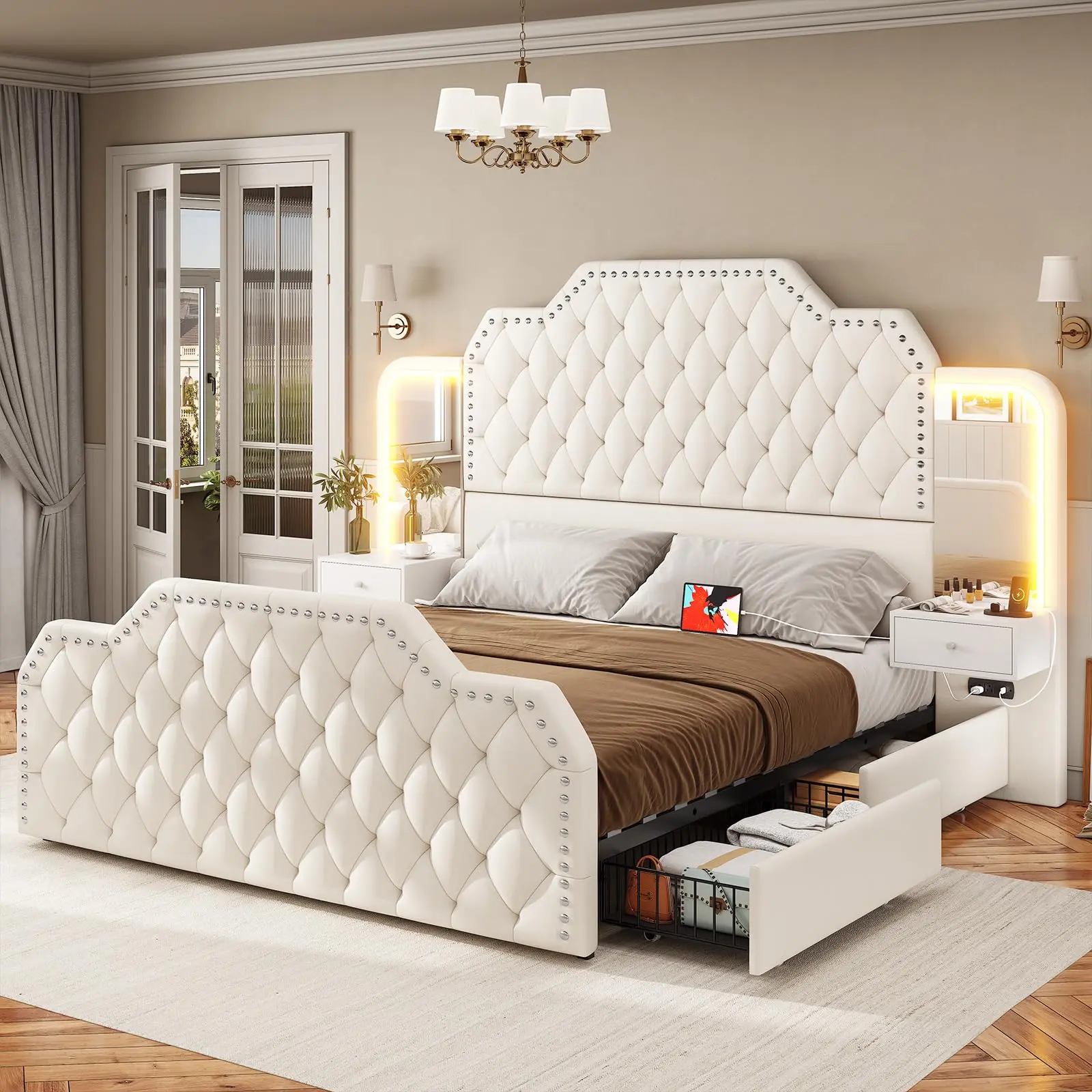 [SummerSale] Sikaic Queen Bed Frame with 53" Tall Headboard and 4 Storage Drawers, PU Leather Upholstered Platform Bed Frame, Built in Charging Station & Led, 2 Nightstands with Mirror, Home Furniture, Dorm Essentials