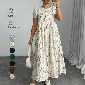 Women's Plus Size Overall Dress Tie up Straps Floral Print Loose A-Line Suspender Dress Casual Cute Bib Dress Sleeveless Day